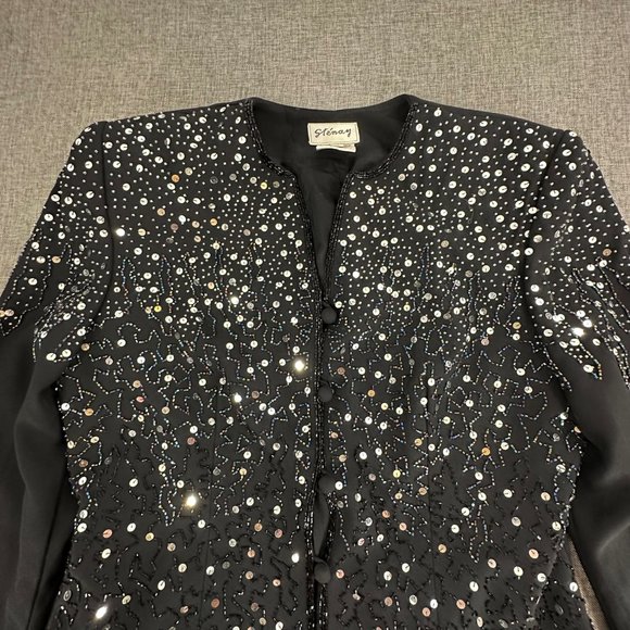 Vintage Stenay Sequin Jacket Black Buttons Beaded Long Sleeve Party Formal Sz 14 - Picture 9 of 16